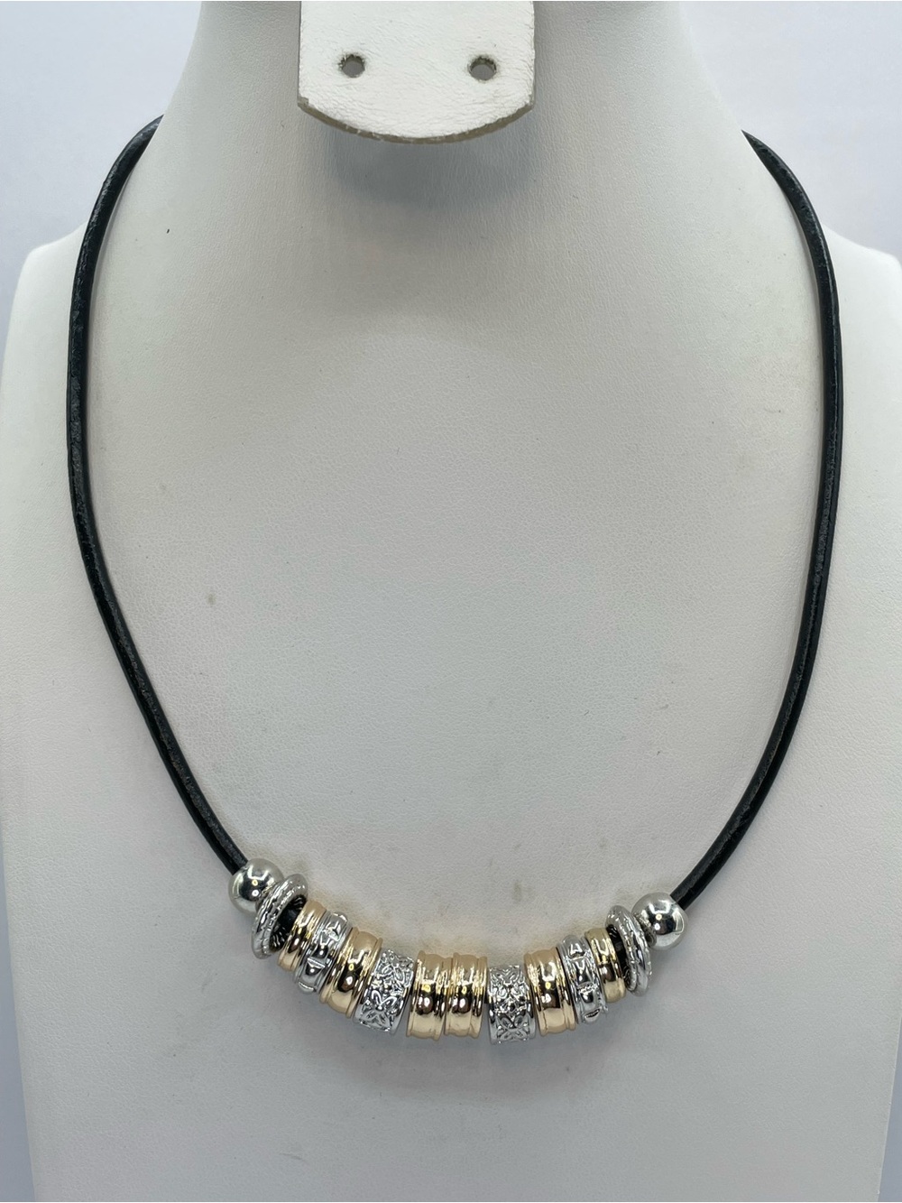 RMN Silver Gold Tone Beaded Cord Necklace Modern Statement Necklace